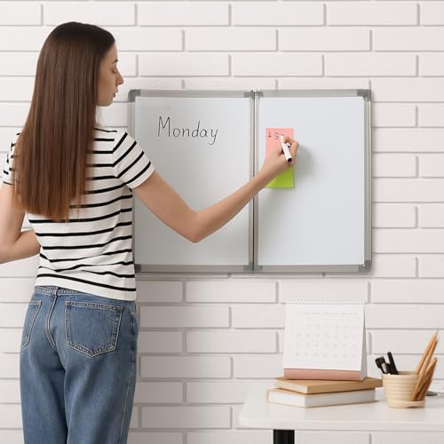 AmazingSpark 48” x 18” Foldable Whiteboard Dry Erase Board Large Tri Folding Whiteboard Magnetic Dry Erase Board, Wall Aluminium Frame and Flip Out Pen Tray for Office, Home - size: 48"W x 18"H