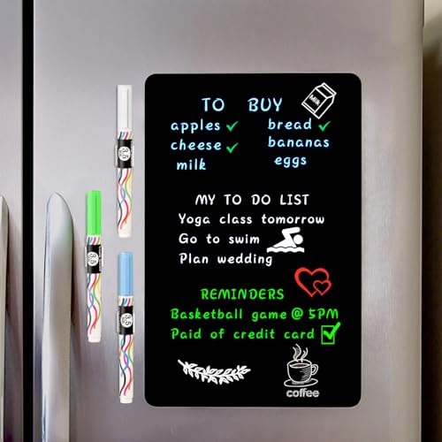 Magnetic Black Dry Erase Board Sheet 12" x 8" for Fridge, Easy to Read with 3 Bright Colors Chalk Markers, Small Refrigerator Magnet Whiteboard for Family Planner Grocery List - style: Black 12"X8"