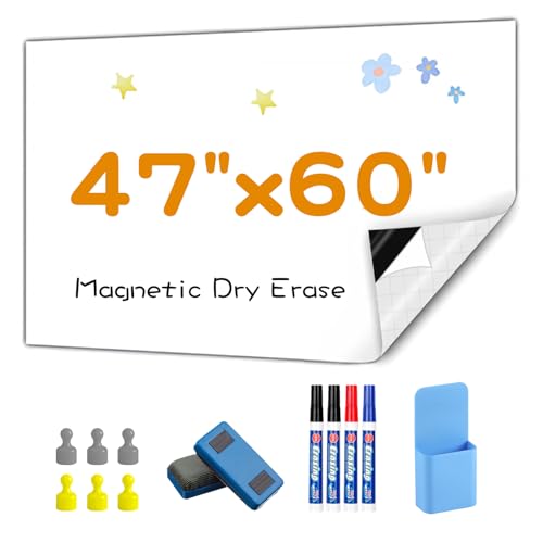 Magnetic Whiteboard Contact Paper, 47" x 60" Stick on Magnetic Dry Erase White Board Sticker for Wall, Easy to Write for Drawing, School, Office, Kitchen Fridge - size: 59"W x 47.2"H