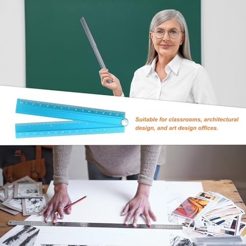 HARFINGTON Folding and Straight Ruler Kit 30/15cm Metric Aluminum Alloy Plastic Protractor Foldable Angle Ruler for Home Classroom Office, Blue - color: Blue