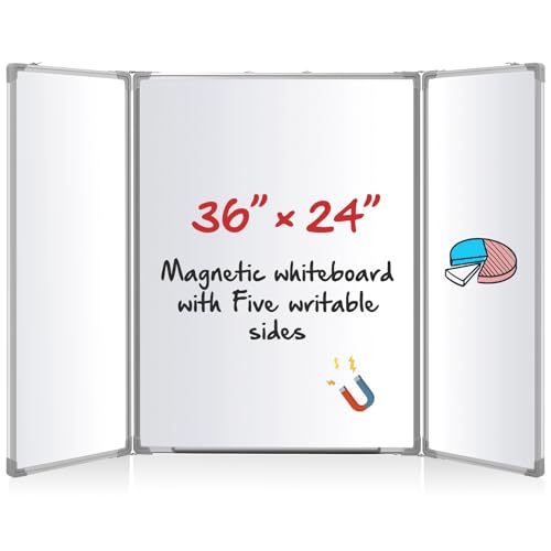 AmazingSpark 36” x 24” Foldable Whiteboard Dry Erase Board Large Tri Folding Whiteboard Magnetic Dry Erase Board, Wall Aluminium Frame and Pen Tray for Office, Home - size: 36”W x 24”H