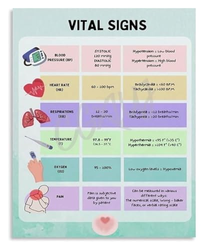 Healthcare Vital Signs Poster Study Guide Chart Educational Students Inspired Wall Decor(Framed,08x12inch(20x30cm)) - color: Framed, size: 08x12inch(20x30cm)