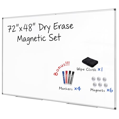 TOWON Silver Border Whiteboard Dry Erase, 72x48 in White Board Dry Erase, Presentation Magnetic Aluminum Framed Whiteboard, Dry Erase Board Wall Mounted with Markers, Pen Tray, Magnets, Cleaning Wipe - size: 72‘’ x 48‘’ Silver