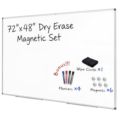 TOWON Silver Border Whiteboard Dry Erase, 72x48 in White Board Dry Erase, Presentation Magnetic Aluminum Framed Whiteboard, Dry Erase Board Wall Mounted with Markers, Pen Tray, Magnets, Cleaning Wipe - size: 72‘’ x 48‘’ Silver