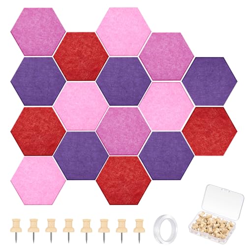 Mindsoft 16 Pcs Hexagon Cork Board for Walls with 50 Wooden Push Pins 6.7 x 5.9 in Felt DIY Tiles Notice with Nano Tape Hanging Bulletin Board for Home Photo Office Memo Note (Gradual Purple) - color: Gradual Purple, size: 6.7 x 5.9 in