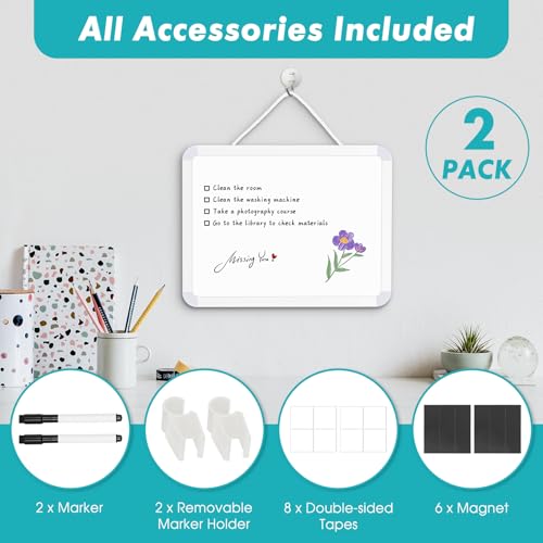 2 Pack Small White Board, 8.5" x 11" Double-Sided Dry Erase Whiteboard | Portable Mini Board for Fridge, Wall, Locker, Adhesive Mount, Hang & Magnetic Strip Mount, Stain-Resistant, No Ghosting - size: 8.5''x11''-2 Pack