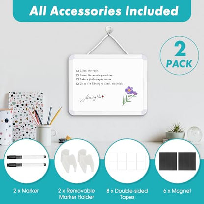 2 Pack Small White Board, 8.5" x 11" Double-Sided Dry Erase Whiteboard | Portable Mini Board for Fridge, Wall, Locker, Adhesive Mount, Hang & Magnetic Strip Mount, Stain-Resistant, No Ghosting - size: 8.5''x11''-2 Pack