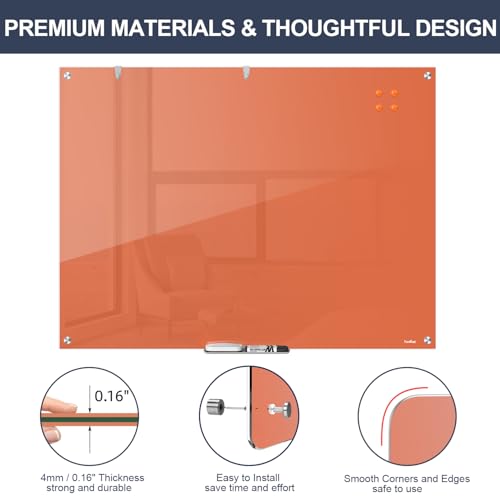 Glass White Board Dry Erase Board, 48x36 Inches Magnetic Glass Whiteboard, Large Dry Erase Board for Wall Office School Classroom Home, 4x3 Feet Orange Big Whiteboard Wall Mounted