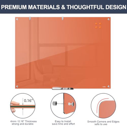Glass White Board Dry Erase Board, 48x36 Inches Magnetic Glass Whiteboard, Large Dry Erase Board for Wall Office School Classroom Home, 4x3 Feet Orange Big Whiteboard Wall Mounted