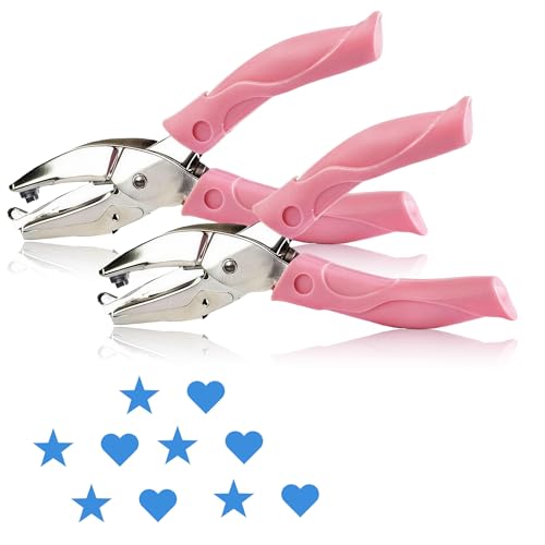 2 Pack Handheld Hole Punch Set - Heart and Star Shape Single Hole Puncher, 1/4 Inch Craft Punch with Soft Grip & Storage for Scrapbooking, Card Making, Gift Wrapping (Pink, Multi-Shape Kit) - color: Star+Heart