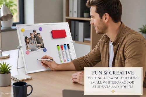 MXG Double Sided Magnetic Small White Board with Stand | 12x16 Inch Portable Mini Dry Erase Board with Markers, Eraser & Magnets 360 Rotatable & Adjustable for Office, Home, School - size: 12"W x 16"H