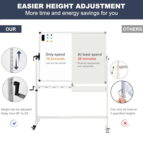 TANKEE Mobile Whiteboard 48 X 36 Inches Height Adjustable Large Standing White Board on Wheels, Rolling Double-Sided Magnetic Dry Erase Board for Office School Classroom Home - color: White, size: 48"x36"