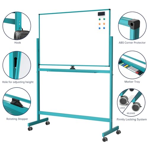TSJ OFFICE Large Rolling Whiteboard - Dry Erase Magnetic 48 x 32 Inches White Board Height Adjust Double Sides Mobile Portable Easel on Wheels, Dry Erase Board with Stand for Office, Home & Classroom - color: Blue