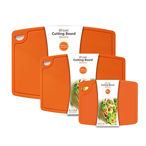 Liflicon Silicone Thick Cutting Boards Mats Set of 3pcs Foldable & Flexible Design Juice Grooves Easy Grip Handle Dishwasher Safe for Kitchen,BPA free Chif-Orange - color: Orange, size: S+M+L