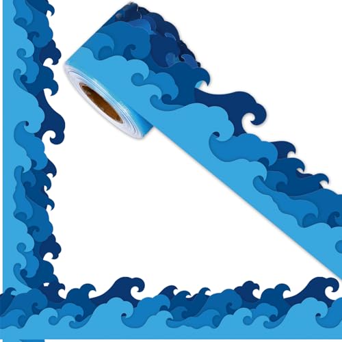 FYSUIMU 65.6 Ft Ocean Wave Bulletin Board Border Simple Blue Sea Wave Die Cut Border Trim Roll for Back to School Summer Beach Coastal Party Home Classroom Decor Teacher Supplies - style: Sea Wave