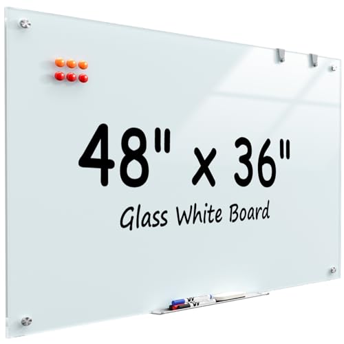 MaxGear 48" x 36" Glass Whiteboard Wall Mounted for Office Home Classroom | Magnetic Glass Dry Erase Board, Tempered Glass, Steel Backed, Non-Porous Surface, Frameless Design, Hardware Included - color: White, size: 48"W x 36"H