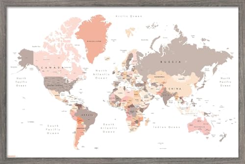 Geography - World Map Neutral Earth Tones 26 Wall Poster, 34L" x 22.4W", Barnwood Framed Version - color: Barnwood Framed Version, size: 34L" x 22.4W"