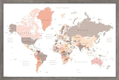 Geography - World Map Neutral Earth Tones 26 Wall Poster, 34L" x 22.4W", Barnwood Framed Version - color: Barnwood Framed Version, size: 34L" x 22.4W"