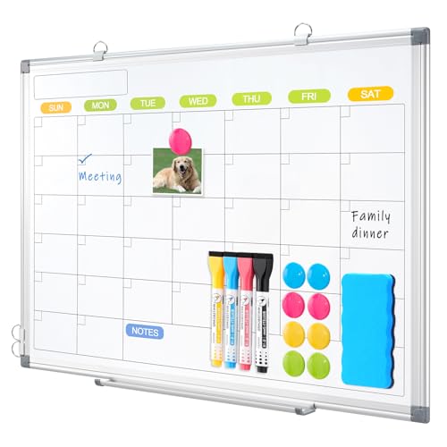 Dry Erase Calendar Whiteboard for Wall, WALGLASS 36" x 24" Magnetic White Board, Monthly Dry Erase Calendar with Silver Aluminum Frame, Double-Sided Hanging Portable Board for Office, Home, School - color: Monthly-silver, size: 36"W x 24"H