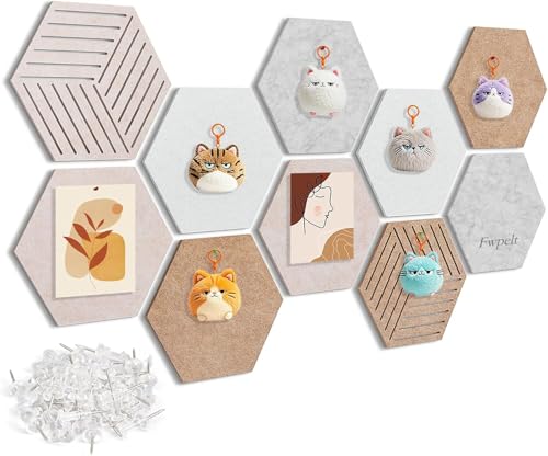 10 Pack Hexagon Cork Board Tiles Alternative, 12'' Fully Self-Adhesive Modern Felt Bulletin for Wall Decor, Frameless Pin Board for Office, Renter-Friendly Decorative Hexagon Corkboard with 30 Pins - color: Mixed (Dark Camel +Light Camel +Off White +Grey)