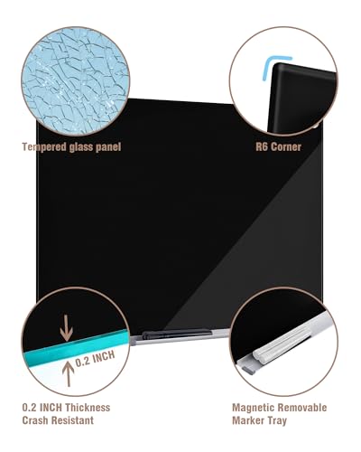 Mifuro Magnetic Glass Whiteboard，24"x18" Wall Mounted Frameless Dry Erase Board for Office, Home & School Black - color: Black, size: Size-24 x 18 inches