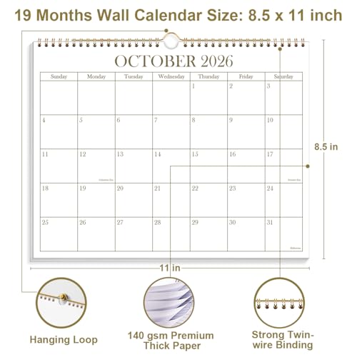 2026-2027 Calendar - 2026-2027 Wall Calendar from July 2026 - December 2027, 19 Months Calendar with Premium Paper, Twin-Wire Binding & Hanging Hook, 8.5" x 11", Golden - color: Golden, size: 8.5" x 11"