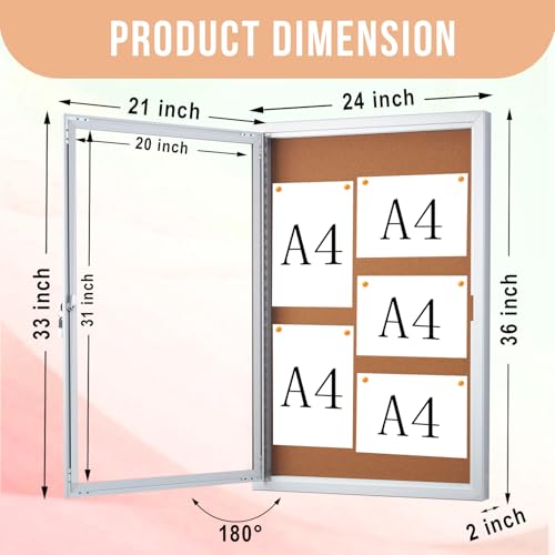 Enclosed Cork Bulletin Board 36"x24" Outdoor Weatherproof Cork Noticeboard with Locking Door Wall-Mounted Silver Aluminium Frame for Home, School, Office, Community, Hospital
