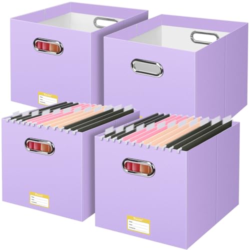 BALEINE File Organizer Box, Cardboard File Folder Organizer with Handle for Letter Size, Portable Collapsible Hanging Filing Box for Home Office Document Storage (4 Pack, Large Lavender) - color: Lavender, style: 4PK