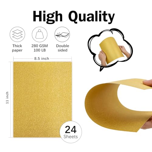 Double-Sided Gold Glitter Cardstock 8.5 x 11 24 Sheets, Goefun 100lb No-Shed Shimmer Glitter Paper for Wedding Parties, Invitations, Birthday, DIY Craft Projects, Anniversary - color: gold, size: 8.5x11