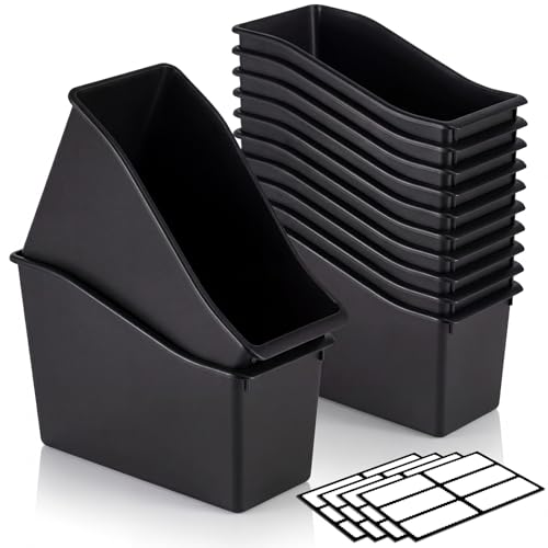 Geetery 6 Pcs Book Bin for Classroom with Labels Stackable Plastic Organizing Bins 11.5 x 5.4 x 7.5 in Book Holders Storage Bins Box Baskets for Classroom Library Home (Black) - color: Black