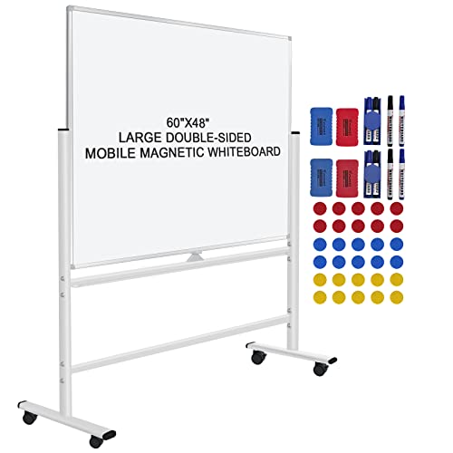 H-Qprobd 60"x48" Mobile Whiteboard Double-Sided Magnetic Dry Erase Board on Wheels - Comercial Rolling White Boards with Sturdy Stand for Home, Office & School - size: 48"W x 74"H
