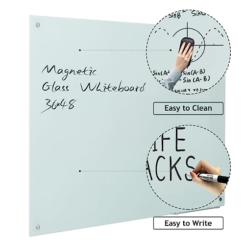 Magnetic Dry Erase Board - Frameless Glass White Board 48 x 36 Inches, Wall Mounted for Office, Home & School - color: White, size: 48"W x 36"H