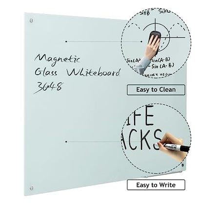 Glass Whiteboard Magnetic Dry Erase Board - Frameless Glass White Board 36 x 24 Inches, Wall Mounted, Office, Home & School - color: White, size: 36"W x 24"H