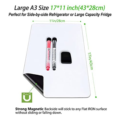Magnetic Dry Erase Board Fridge Whiteboard Sheet 17"x11", Easy to Write and Clean, Flexible Refrigerator White Board for Home Kitchen Memo Shopping List, 2 Marker Pens and Eraser with Magnets - style: White 17"X11"