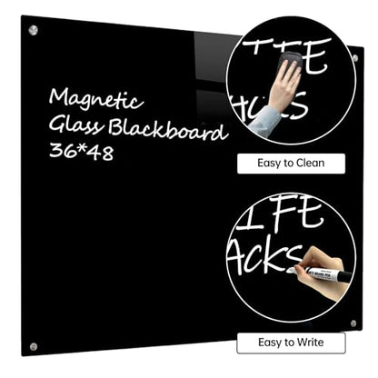 Glass Black Board Magnetic Dry Erase Board - Black Board 48 x 36 Inches Wall Mounted Glass Blackboard, Large Frameless Glass Black Board for Wall Office, Home & School - color: Black, size: 48"W x 36"H