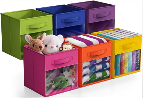 Sorbus 11 Inch Storage Bins with Clear Window - 6 Foldable Baskets for Organizing Clothes, Toys, Books - Sturdy Collapsible Fabric Storage Cubes with Handle - Storage Baskets for Shelves, Closets - color: Bright Rainbow with Window, size: 11 Inch