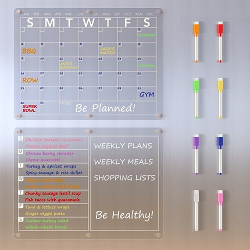 Neatsure Acrylic Magnetic Dry Erase Board Calendar for Fridge, Clear Monthly and Weekly Meal Planner Whiteboard Refrigerator, Menu Board for Kitchen, w/ 8 Colors Markers, 15"x11" - size: 15"x11", style: Monthly and Meal Planner