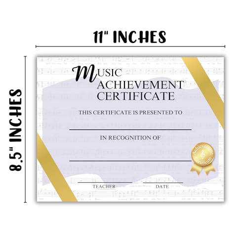 Music Achievement Certificate Award | 8.5x11” Recital Certificate Most Improved Elementary Middle School Blank Kids Recognition Pins Lessons for Students Personalized