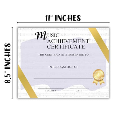 Music Achievement Certificate Award | 8.5x11” Recital Certificate Most Improved Elementary Middle School Blank Kids Recognition Pins Lessons for Students Personalized