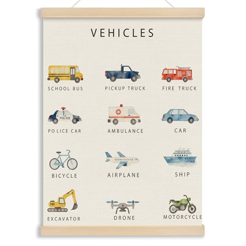 MOTERMATE Vehicle Classroom Poster Hanger Frame, Boy Nursery Wall Hanging Decor Art Framed for Toddler Kids Boys Room Bedroom Playroom Classroom, Transport Vehicle Wall Poster Prints, 12x16 Inch - color: VEHICLES