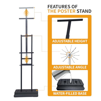 Upgraded Angled & 360° Swivel Poster Stand, Water-Fillable Weighted Base, Heavy Duty Adjustable Height Floor Sign Holder for Foam Board, Outdoor, Wedding, Business Display (Single-Sided, Black)