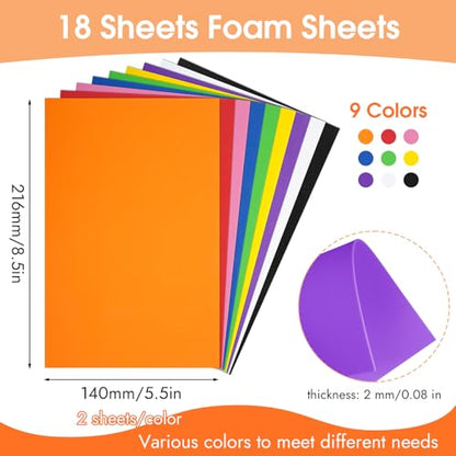 18 Sheets Foam Sheets, 9 Colors Eva Foam Paper 5.5 x 8.5 Inch, 2 mm Thick for Arts and Crafts School Project Scrapbooking DIY Cosplay