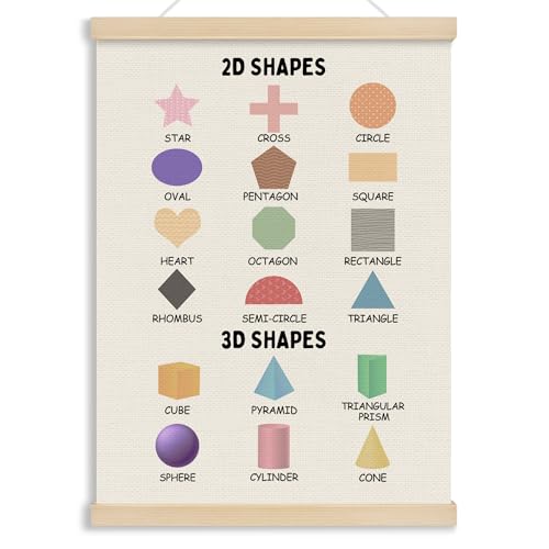 MOTERMATE 2D 3D Shapes Classroom Wall Art Poster for Teaching, Boho Toddler Room Decor, Learning Educational Poster Hanger Frame for Toddlers, Preschool Playroom Wall Hanging Banner Decor,12x16 Inch - color: shape A