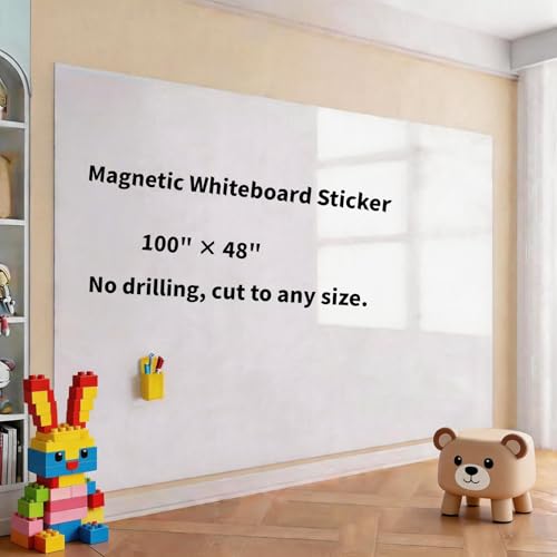 Giant Magnetic Whiteboard Sticker 100"x48" - Jumbo Self-Adhesive Dry Erase Wall Decal for Conference Room & Office, Seamless Full Wall Coverage, No Ghosting, w/ 11 Markers & Magnets - size: 100"x48"