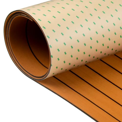 OCEANBROAD Boat Flooring with 3M 99786+ High Strength Adhesive Backing EVA Foam Self-Adhesive 96''x45.6'' Faux Teak Marine Decking Sheet for Jon Boats Yacht RV Floor - color: Brown with Black Lines