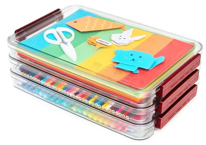 CATOOMUU A4 Storage File Box 9 X 13 Clear Stackable Slim Plastic Portable Project Case For Letter Paper Photo Documents Scrapbook, 3 Count - color: Small-Red