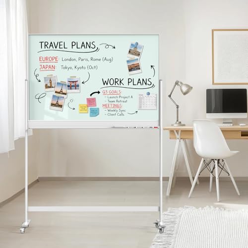 Tankee Rolling Whiteboard, 48x32 Inches Magnetic Glass Dry Erase Board with Stand, Standing White Board on Wheels, Large Glass Mobile Whiteboard for Office School Classroom Home Homeschooling - color: Magnetic Glass Board - W, size: 48"x32"