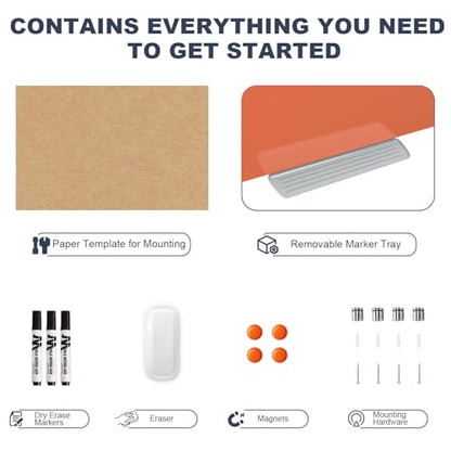 Glass White Board Dry Erase Board, 48x36 Inches Magnetic Glass Whiteboard, Large Dry Erase Board for Wall Office School Classroom Home, 4x3 Feet Orange Big Whiteboard Wall Mounted