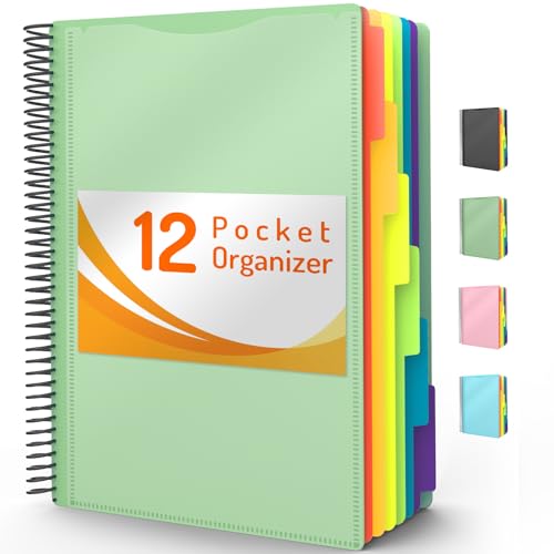 12 Pocket Project Organizer, Forvencer 1/6-cut Tab Binder Organizer with Sticky Labels, Multi Pocket Folder with Zipper Pouch, Folder Binder Spiral Pockets Notebook, Office Supplies, Antique Green - color: Antique Green