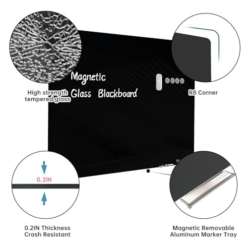 Magnetic Glass Blackboard - Glass Dry Erase Board 48"x96" Large Frameless Board for Walls Office School and Home,Black - color: Black, size: 48" x 96"